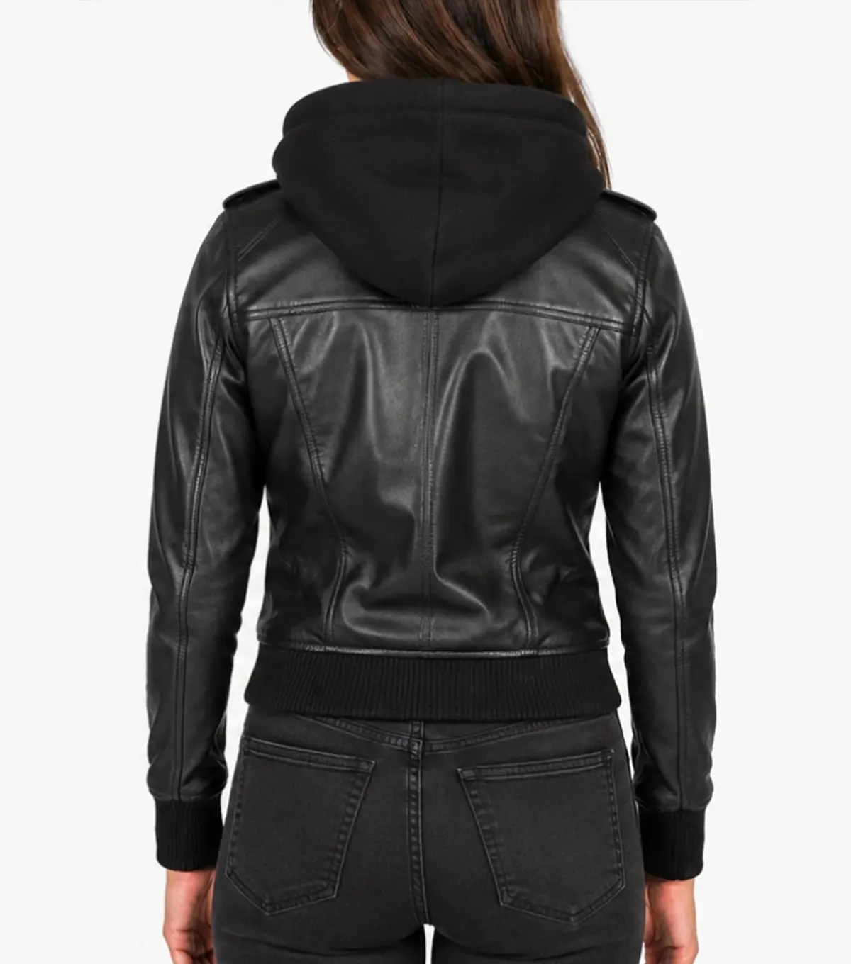 Roslyn Black Hooded Real Leather Bomber Jacket back pose