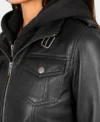 Roslyn Black Hooded Real Leather Bomber Jacket close up