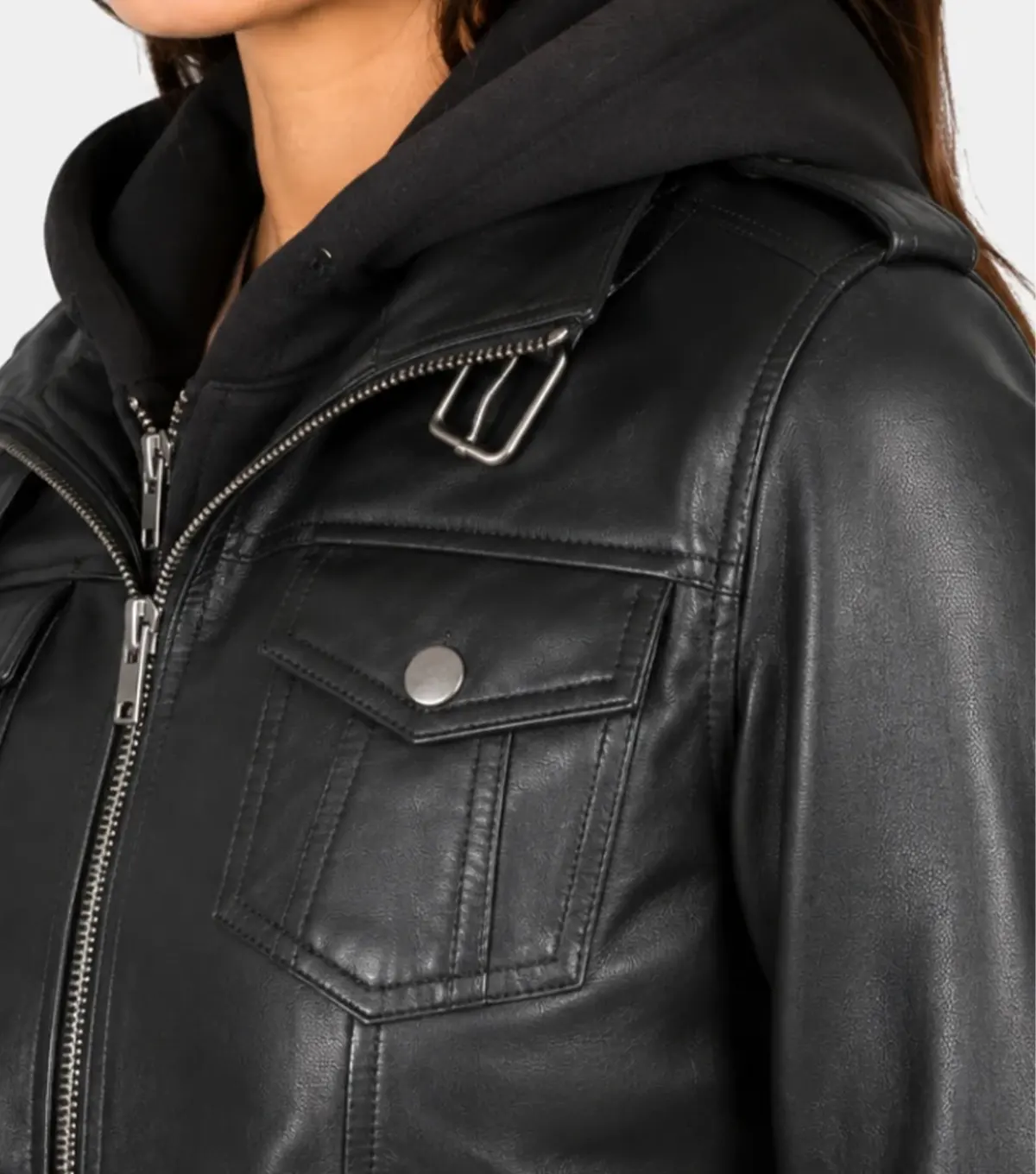 Roslyn Black Hooded Real Leather Bomber Jacket close up