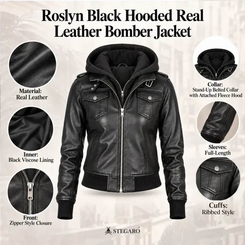 Roslyn Black Hooded Real Leather Bomber Jacket info graph
