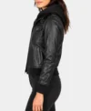 Roslyn Black Hooded Real Leather Bomber Jacket side pose
