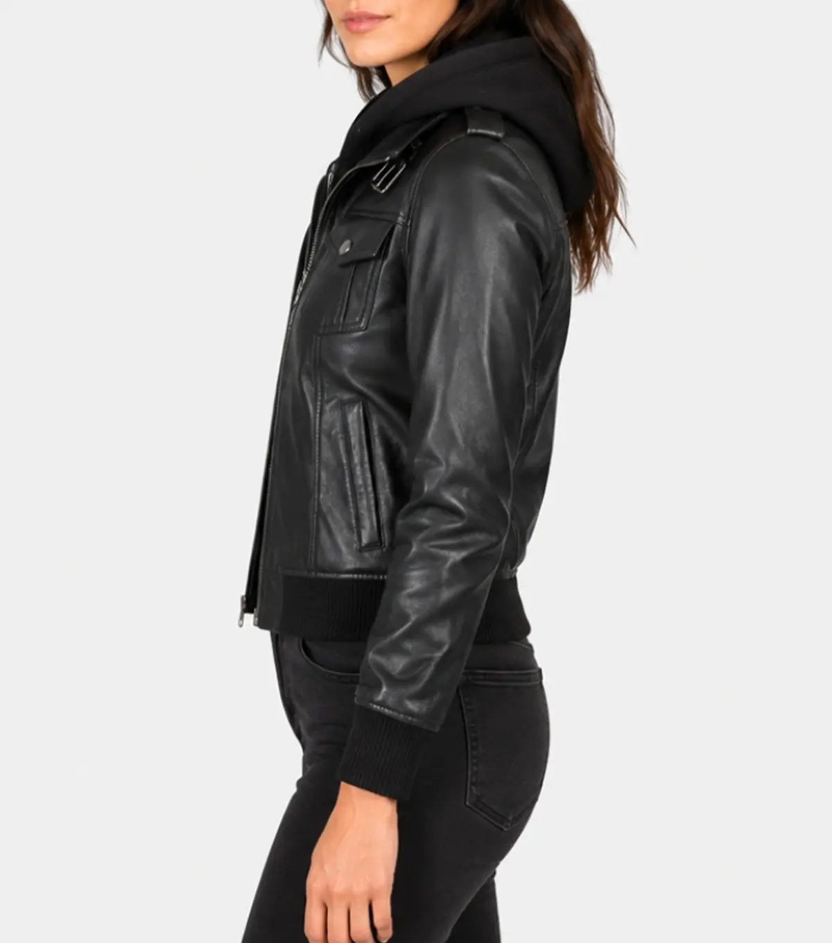 Roslyn Black Hooded Real Leather Bomber Jacket side pose