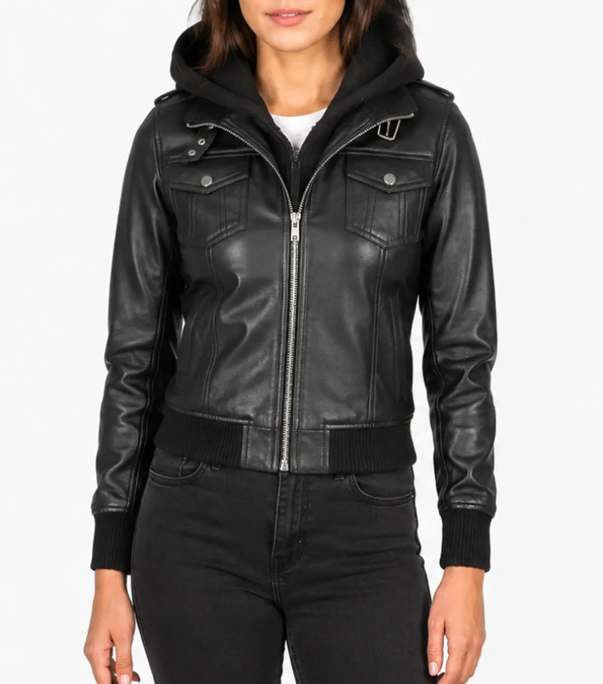 Roslyn Black Hooded Real Leather Bomber Jacket