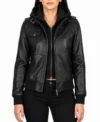 Womens Black Bomber Leather Jacket with Removable Hood