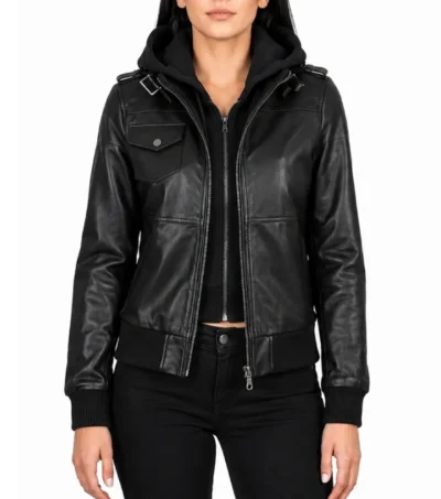 Womens Black Bomber Leather Jacket with Removable Hood