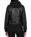 Womens Black Bomber Leather Jacket with Removable Hood back