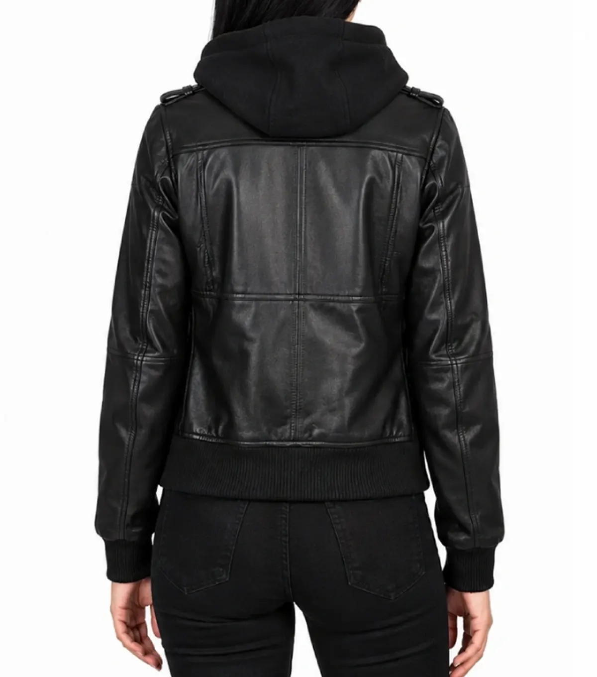 Womens Black Bomber Leather Jacket with Removable Hood back