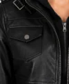 Womens Black Bomber Leather Jacket with Removable Hood close up chest