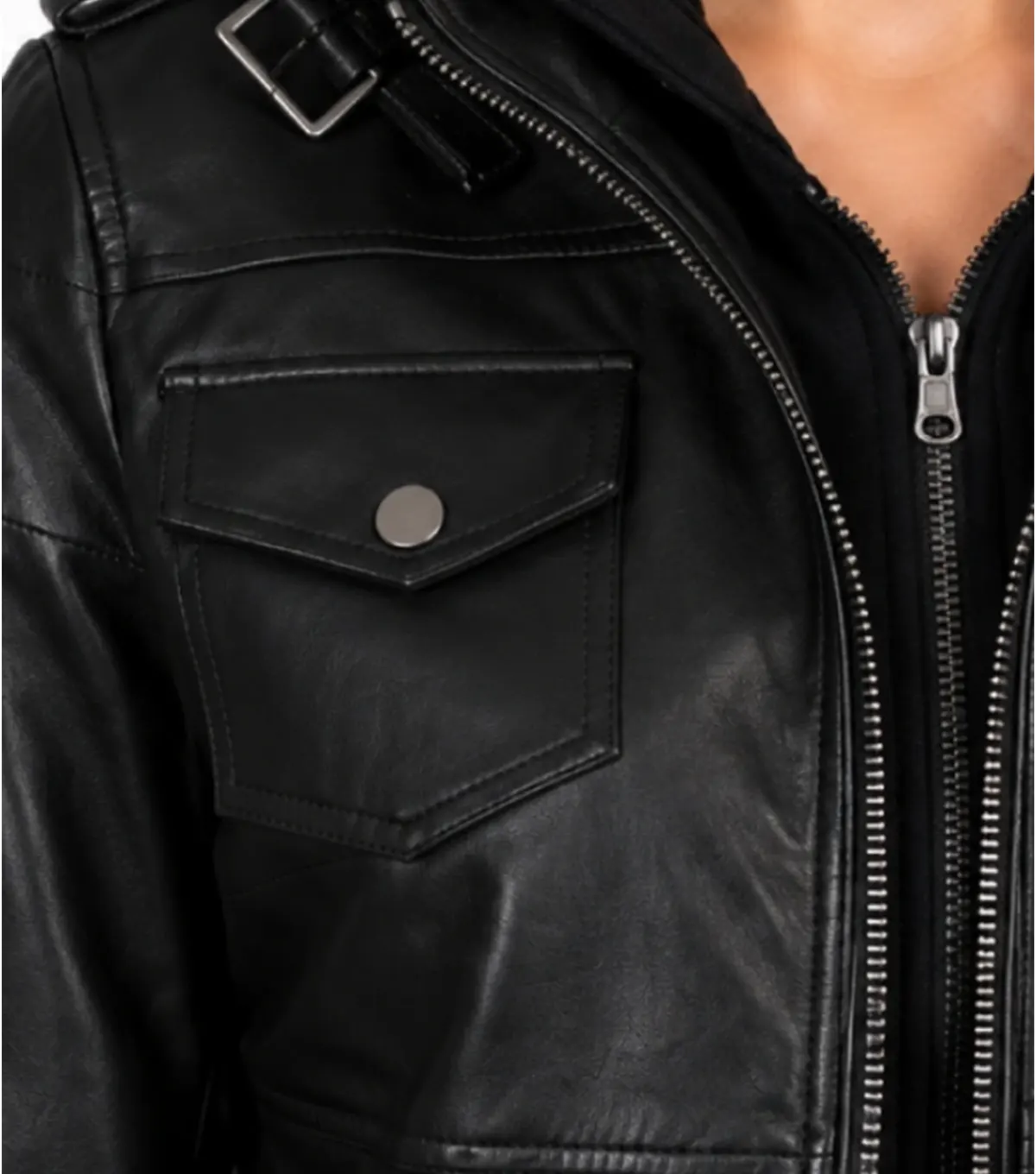 Womens Black Bomber Leather Jacket with Removable Hood close up chest