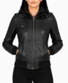 Womens Black Bomber Leather Jacket with Removable Hood front pose