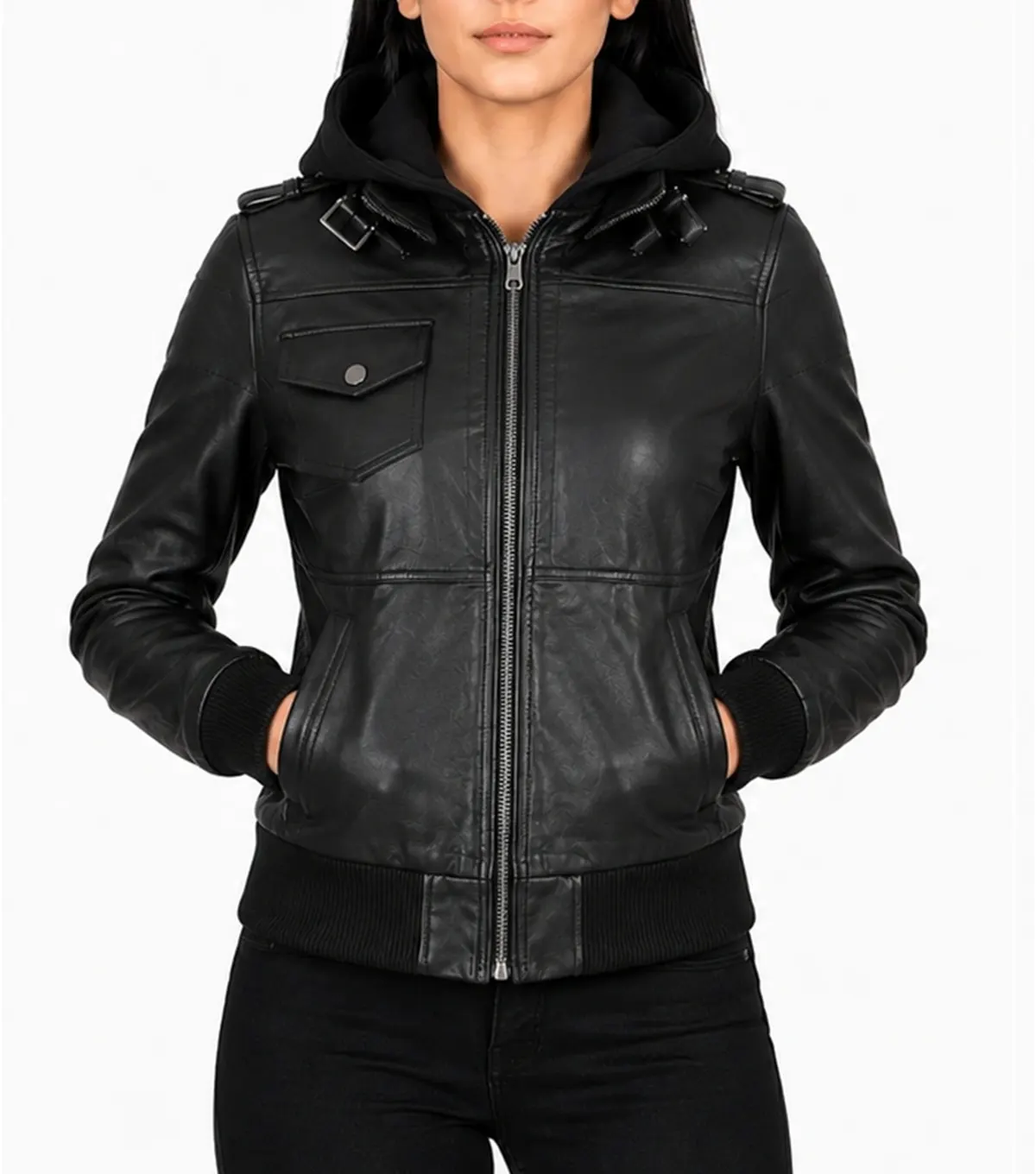 Womens Black Bomber Leather Jacket with Removable Hood front pose