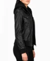 Womens Black Bomber Leather Jacket with Removable Hood side pose
