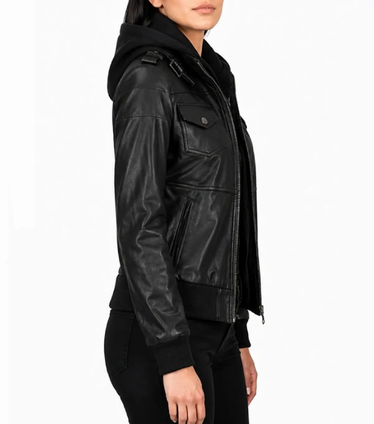 Womens Black Bomber Leather Jacket with Removable Hood side pose