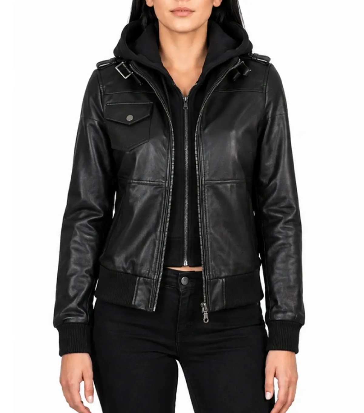 Womens Black Bomber Leather Jacket with Removable Hood