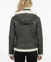 Womens Black Shearling Hooded Leather Jacket back view