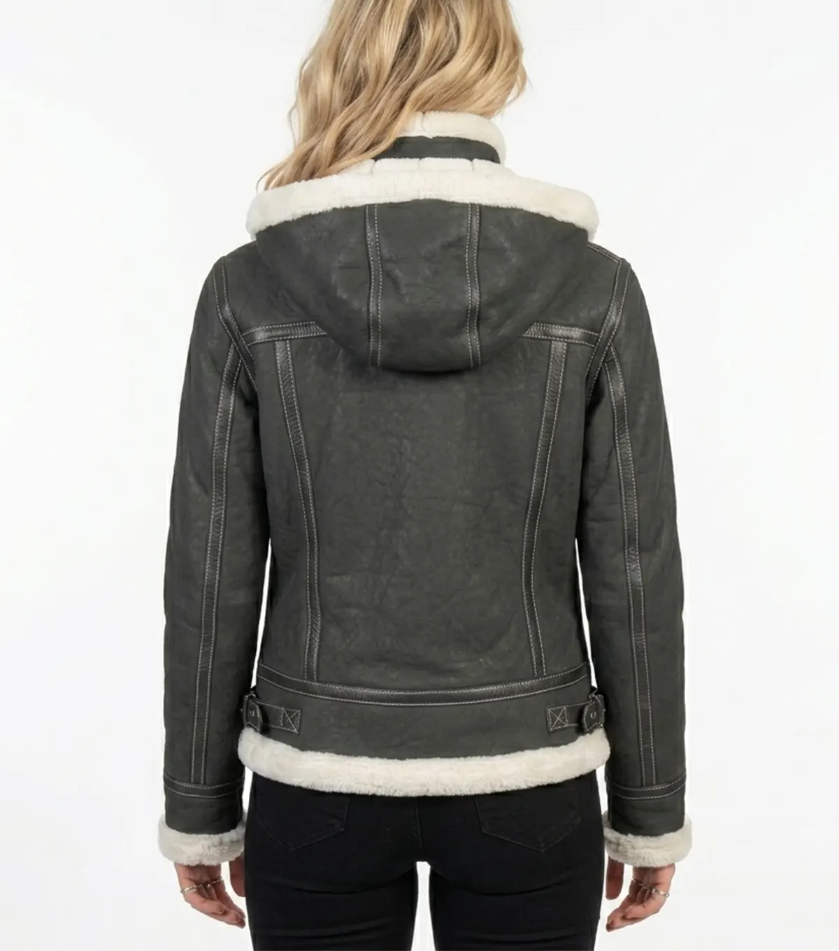 Womens Black Shearling Hooded Leather Jacket back view
