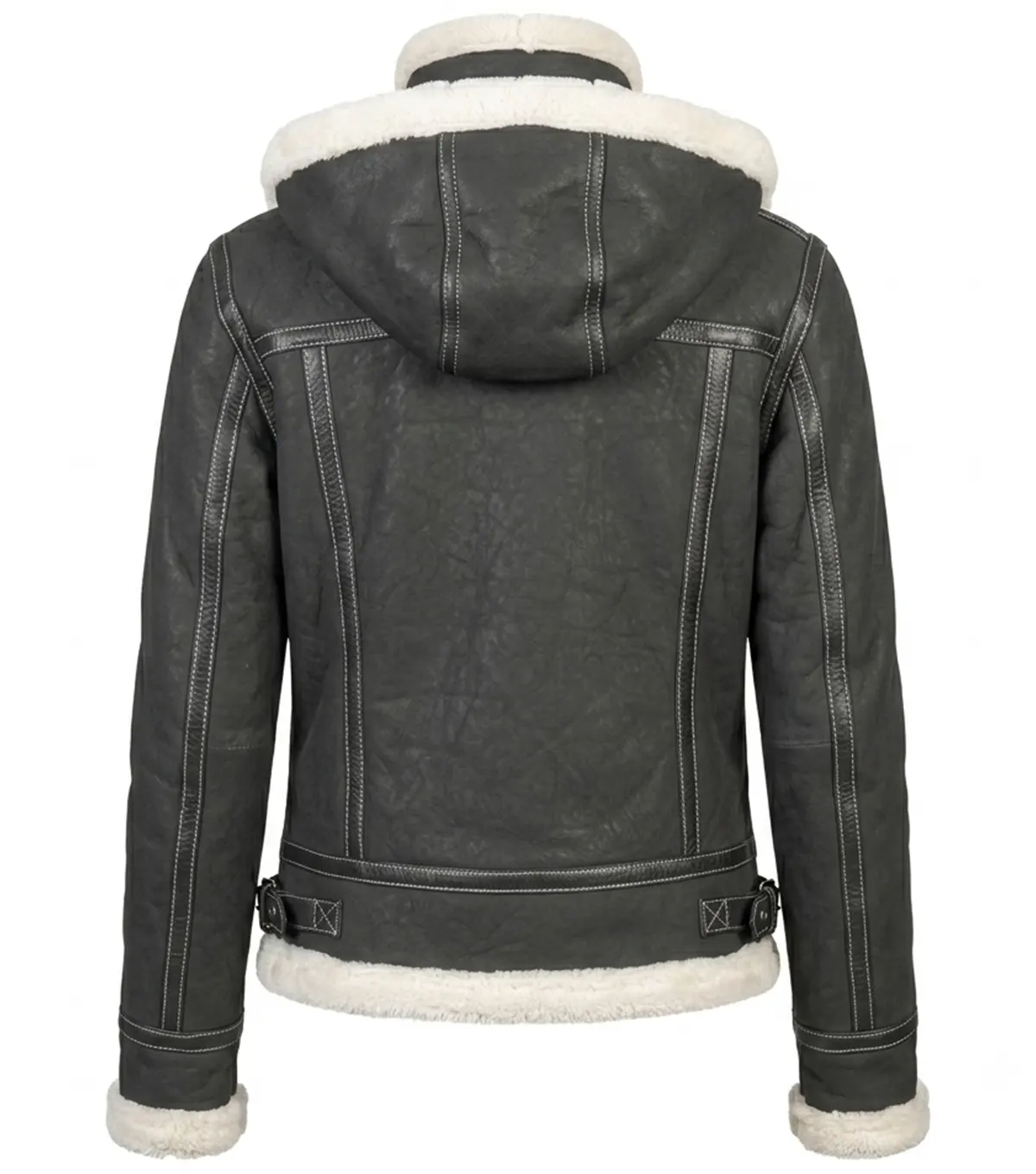 Womens Black Shearling Hooded Leather Jacket back