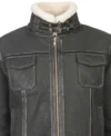 Womens Black Shearling Hooded Leather Jacket close up