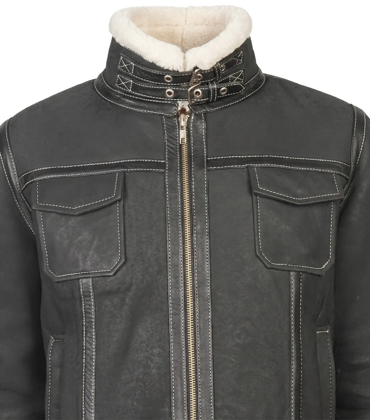 Womens Black Shearling Hooded Leather Jacket close up