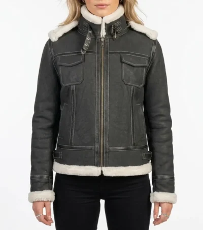Womens Black Shearling Hooded Leather Jacket
