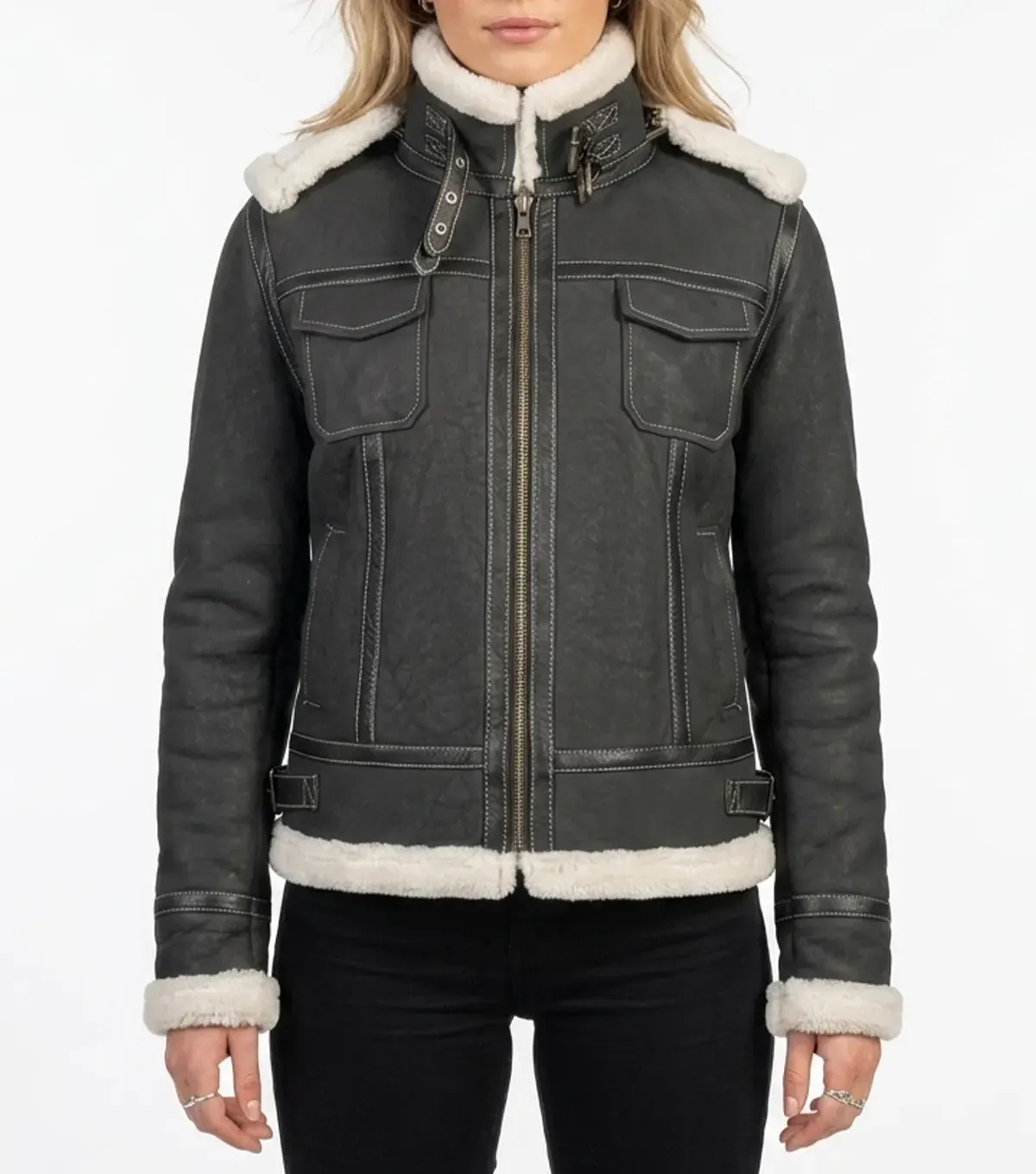 Womens Black Shearling Hooded Leather Jacket