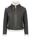 Womens Black Shearling Hooded Leather Jacket front