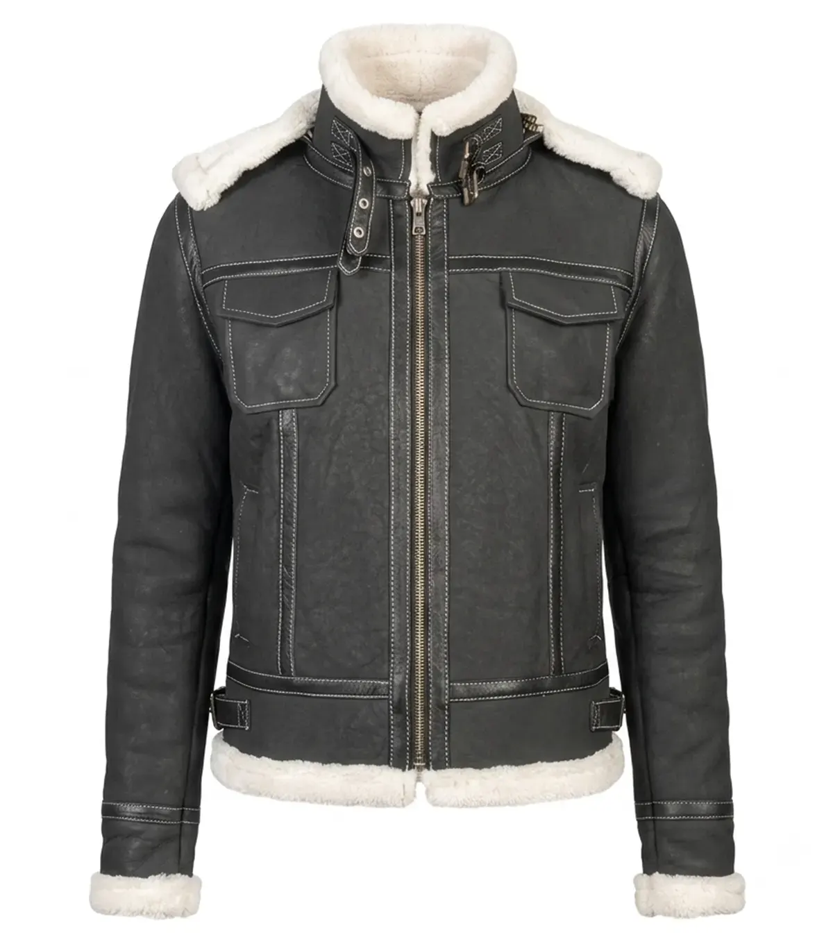 Womens Black Shearling Hooded Leather Jacket front
