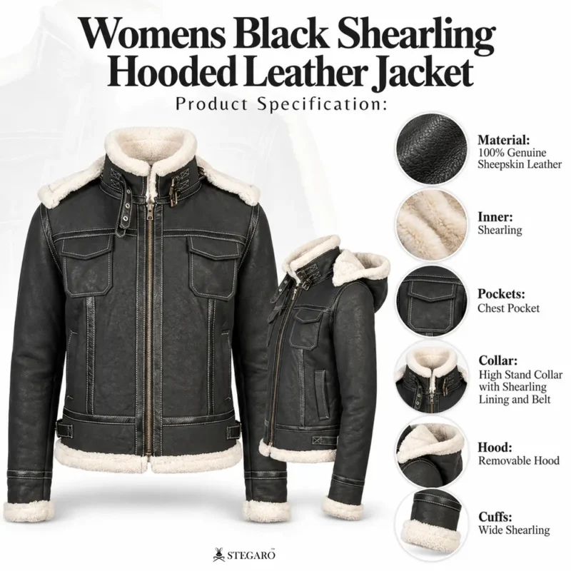 Womens Black Shearling Hooded Leather Jacket info graph