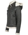 Womens Black Shearling Hooded Leather Jacket side view