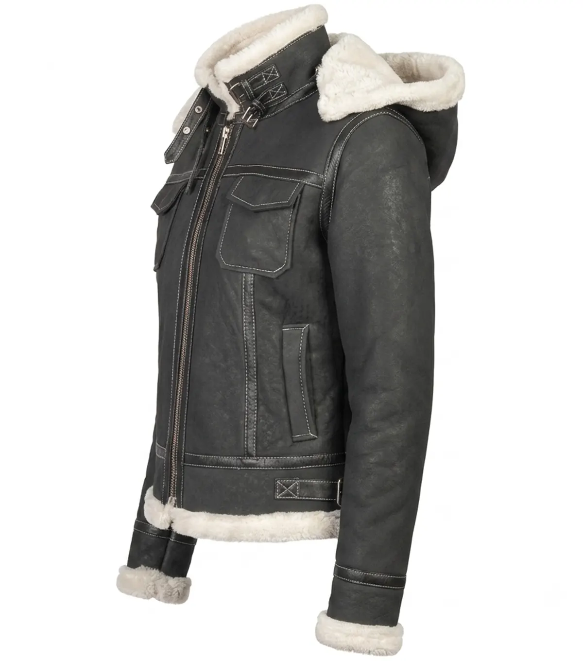 Womens Black Shearling Hooded Leather Jacket side view