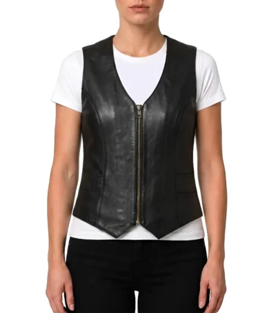 Womens Black Western Style Leather Biker Vest