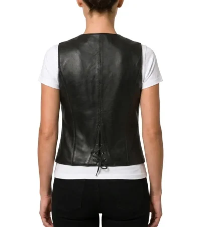 Womens Black Western Style Leather Biker Vest back view