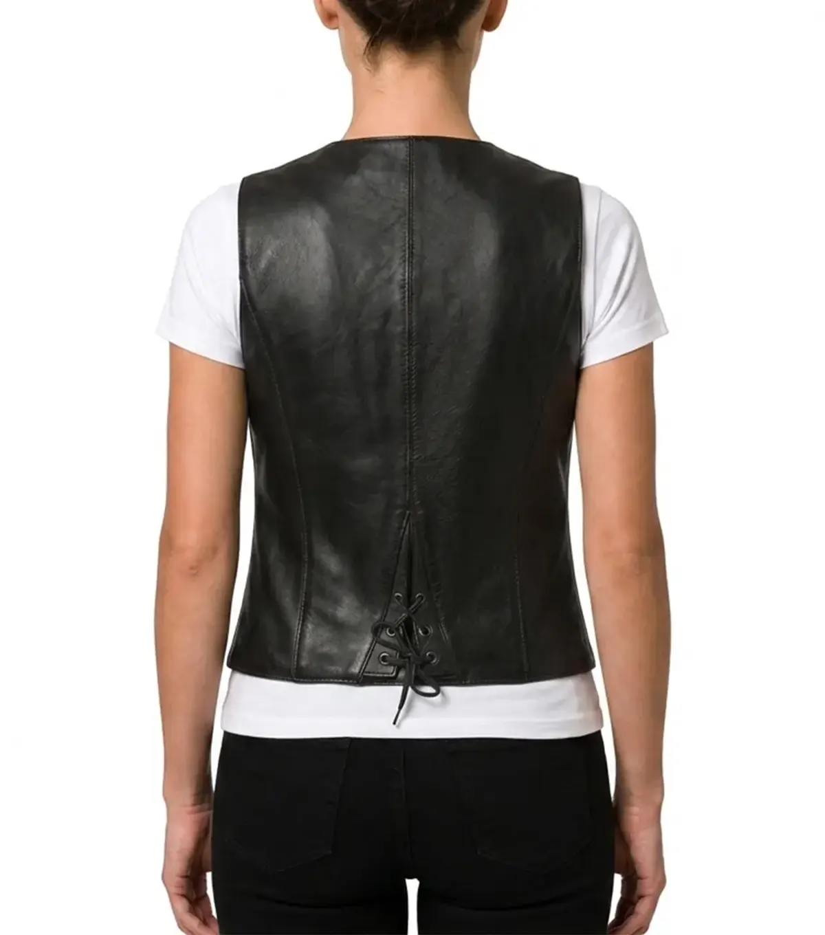 Womens Black Western Style Leather Biker Vest back view