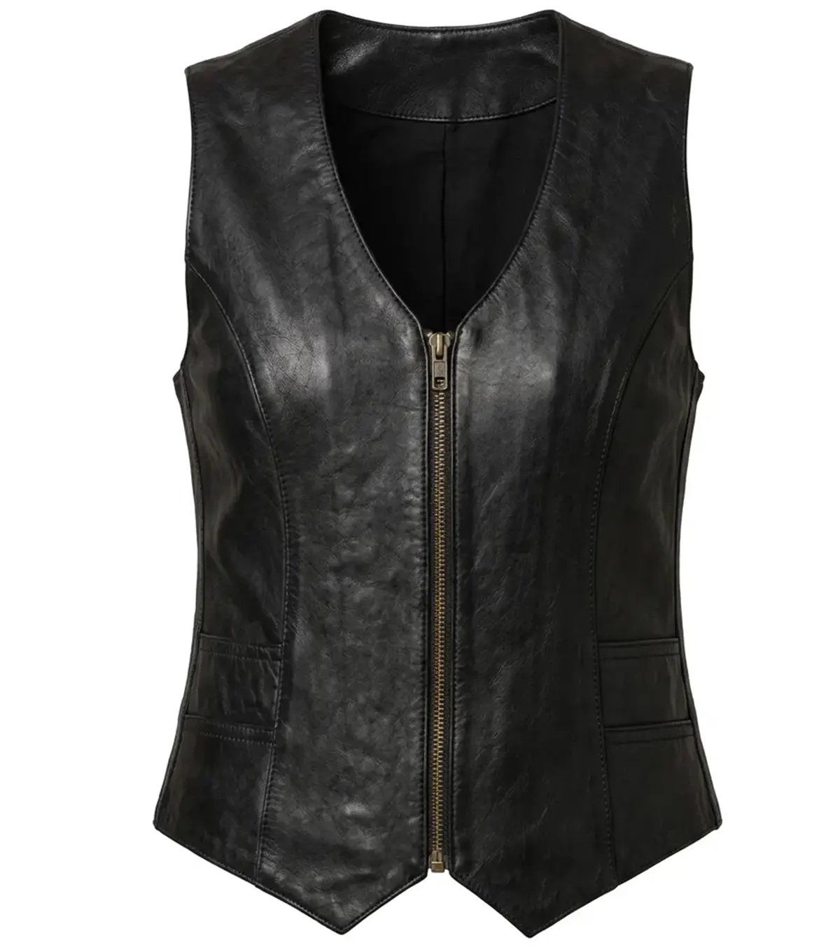 Womens Black Western Style Leather Biker Vest front