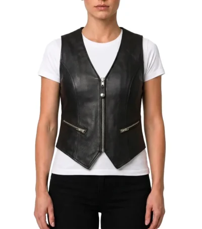 Womens Black Western Style Leather Motorcycle Vest