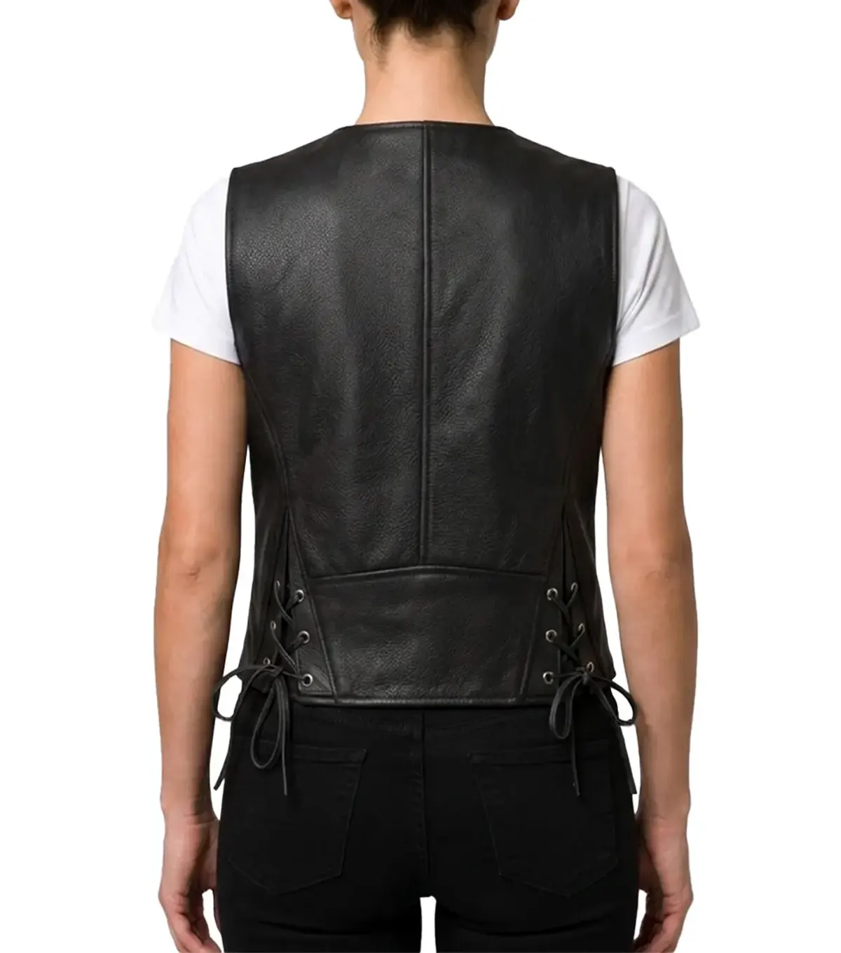 Womens Black Western Style Leather Motorcycle Vest back view