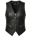 Womens Black Western Style Leather Motorcycle Vest front
