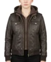 Womens Brown Hooded Leather Bomber Jacket with Ribbed Cuffs