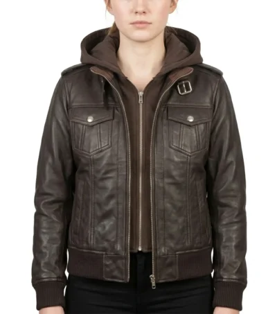 Womens Brown Hooded Leather Bomber Jacket with Ribbed Cuffs
