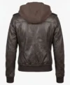 Womens Brown Hooded Leather Bomber Jacket with Ribbed Cuffs back
