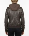 Womens Brown Hooded Leather Bomber Jacket with Ribbed Cuffs back view