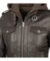 Womens Brown Hooded Leather Bomber Jacket with Ribbed Cuffs clos up chest