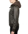 Womens Brown Hooded Leather Bomber Jacket with Ribbed Cuffs side pose
