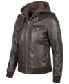 Womens Brown Hooded Leather Bomber Jacket with Ribbed Cuffs side view