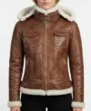 Womens Brown Shearling Hooded Leather Jacket