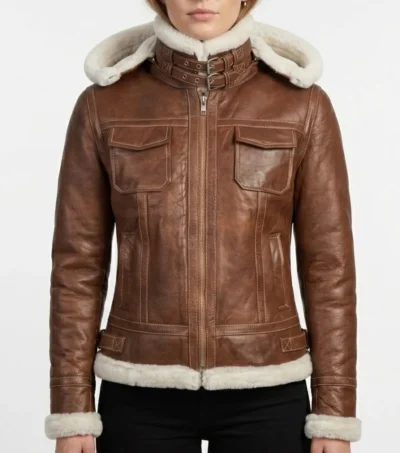 Womens Brown Shearling Hooded Leather Jacket