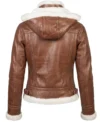 Womens Brown Shearling Hooded Leather Jacket back view