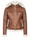 Womens Brown Shearling Hooded Leather Jacket front