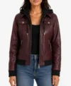 Womens Burgundy Bomber Real Leather Jacket with Removable Hood
