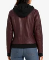 Womens Burgundy Bomber Real Leather Jacket with Removable Hood back
